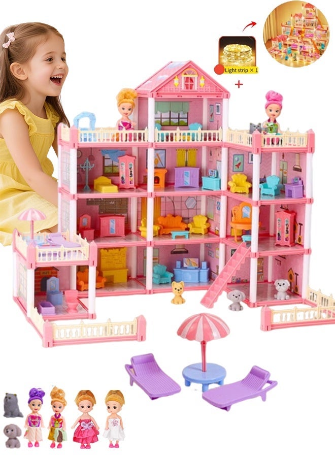 منزل الأميرة الضخم DIY للفتيات، منزل وضع، منزل دمية لعبة، فيلا قلعة، مجموعة لعب بيت الدمية مع 14 غرفة 4 دمى 2 شريط إضاءة ملون مع أضواء لتجميع المطبخ، غرفة النوم، الأثاث، الحديقة، الحيوانات الأليفة DIY بيت الدمية التظاهري للفتيات، فتاة تجميع المنزل، هدية عيد ميلاد. - Image 1